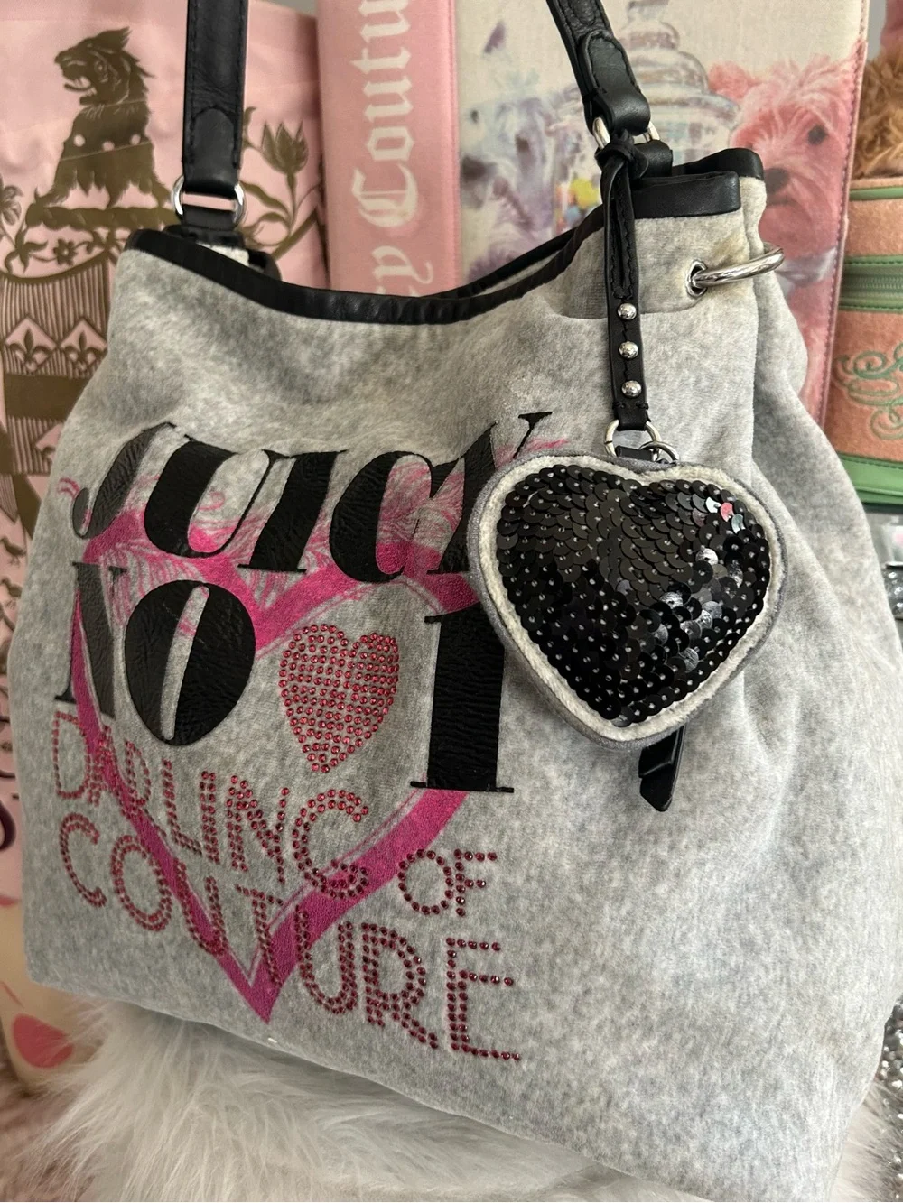 Y2K Vintage 2010 Juicy Couture Gray Velour Large Hobo Bag Darling Of Couture